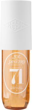 Sol de Janeiro Cheirosa 71 mgiełka w pomarańczowej butelce z białą etykietą i białym korkiem z logo, widok z przodu.