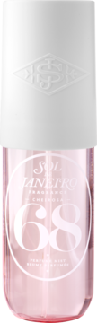 Różowa mgiełka zapachowa Sol de Janeiro Cheirosa 68, biała nakrętka, napis "PERFUME MIST", widok z przodu.