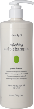 SimplyO Green Breeze odświeżający szampon do skóry głowy, beżowa butelka z białą pompką i zielonym kółkiem, widok z przodu.