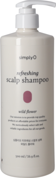 SimplyO Wild Flower odświeżający szampon do skóry głowy 500ml w beżowej butelce z pompką, widok z przodu.