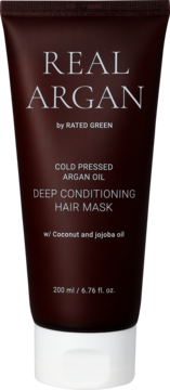 REAL ARGAN by Rated Green, ciemnobrązowa maska do włosów z olejem arganowym i kokosowym, widok z przodu.
