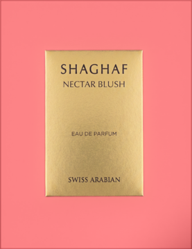 Złota saszetka Swiss Arabian Shaghaf Nectar Blush Eau de Parfum na różowym tle, widok z przodu.