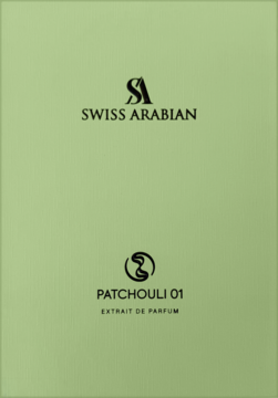 Front jasnozielonego pudełka Swiss Arabian Patchouli 01 Ekstrakt Perfum, z czarnym logo i nazwą.