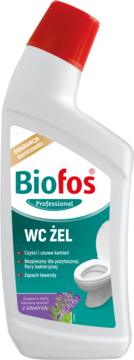 Biofos Professional WC ŻEL, biała butelka z czerwoną nakrętką, skuteczny na kamień, lawendowy zapach.