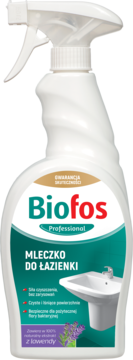 Biofos Professional Mleczko do Łazienki z lawendy, biała butelka z atomizerem, widok z przodu na etykietę z bidetem.
