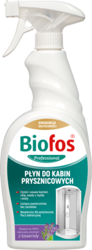 Biofos Płyn do kabin prysznicowych Professional, biała butelka spray, widok z przodu, z lawendą.