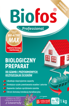 Opakowanie Biofos Professional, biologicznego preparatu do szamb z Bio-Active Max, domem i lawendą, widok z przodu.