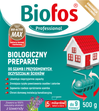 Biofos Professional biologiczny preparat do szamb 500g, zielone opakowanie z ilustracją domu i lawendą, widok z przodu.