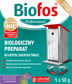 Zielony Biofos Professional, biologiczny preparat do suchych toalet, widok opakowania z ilustracją latryny i lawendy.