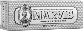 Front view of Marvis Smokers Whitening Mint toothpaste box, silver, textured, with classic portrait emblem.