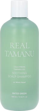 Zielony szampon Rated Green Real Tamanu Soothing Scalp Shampoo, 400ml, widok z przodu z białą nakrętką.