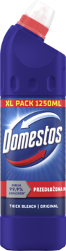 Domestos Thick Bleach Original 1250ml, ciemnoniebieska butelka z logo i informacją "99.9% zarazków", widok z przodu.
