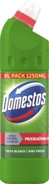 Domestos Przedłużona Moc Thick Bleach Pine Fresh 1250ml, zielona butelka z biało-czerwoną nakrętką, przód.