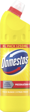 Żółta butelka Domestos Przedłużona Moc 1250ml, Thick Bleach Citrus Fresh, z białym korkiem, widok z przodu.