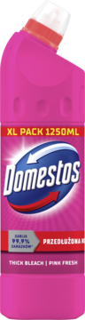 Domestos Thick Bleach Pink Fresh, różowa butelka 1250ml z białym korkiem, widok z przodu.