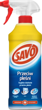 Savo Przeciw Pleśni spray, żółto-niebieska butelka z logo i czerwonym atomizerem, widok z przodu.