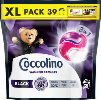 Frontowe ujęcie opakowania Coccolino Black 3 w 1 kapsułki do prania XL Pack 39, z misiem i fioletową kapsułą.
