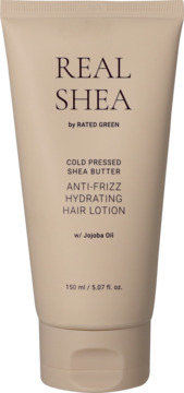 Balsam Rated Green REAL SHEA Anti-Frizz Hydrating, beżowa tubka, widok z przodu.