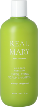 Złuszczający szampon Real Mary Rated Green z rozmarynem i miętą, zielona butelka, widok z przodu.