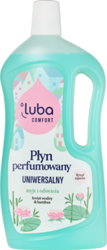 Luba Comfort perfumowany płyn uniwersalny w turkusowej butelce z uchwytem, zapach kwiat wodny & bambus.