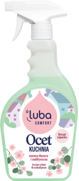 Luba Comfort Ocet Kuchnia, płyn do czyszczenia w sprayu, zielona butelka, zapach wiśni i eukaliptusa.