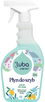 Luba Comfort Płyn do szyb w butelce spray, motyw cytryny i niebieskich kwiatów, widok z przodu, połysk bez smug.
