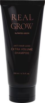 Czarna tubka szamponu Rated Green Real Grow Anti-Hair Loss Extra Volume 200ml z miedzianym tekstem, przód.