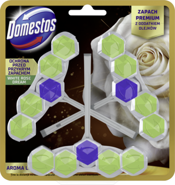 Domestos Aroma Lux White Rose Dream zawieszka do toalety, zielono-fioletowe kostki na srebrnej ramce, biała róża w tle.
