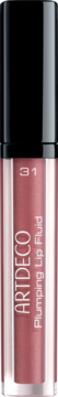 Frontalny widok ARTDECO Plumping Lip Fluid 31, błyszczyk w przezroczystej butelce z czarną nakrętką, kolor pudrowy róż.