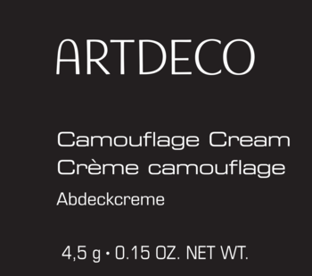 Czarna etykieta Artdeco z białym napisem 'Camouflage Cream', gramatura 4,5g, widok frontalny.