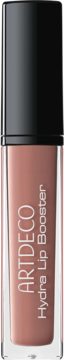 Artdeco Hydra Lip Booster, nawilżający błyszczyk w przezroczystej tubce z różowo-beżowym płynem, czarna nakrętka, pionowy napis, widok z przodu.