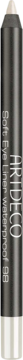 ARTDECO Soft Eye Liner Waterproof, ciemna, metaliczna kredka do oczu z niewyraźnymi napisami i jasnymi końcówkami.