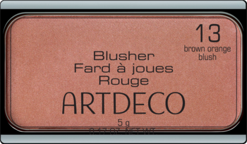 Wkład wymienny różu Artdeco 13 Brown Orange Blush, brązowo-pomarańczowy, w prostokątnej kasetce, widok z góry.