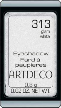 Artdeco cień do powiek 313 Glam White, biały brokatowy wkład w czarnym opakowaniu, widok z góry.