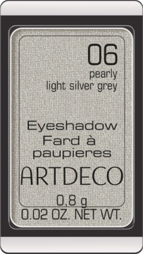 ARTDECO 06 Pearly Light Silver Grey Eyeshadow, pojedynczy cień w prostokątnej kasetce, widok z góry.