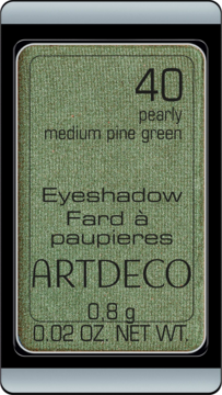Zielony, perłowy cień ARTDECO 40 Medium Pine Green 0,8g, prostokątny w czarnej magnetycznej ramce, widok z góry.