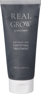 Rated Green REAL GROW anti-hair loss treatment w szarej tubce z białą zakrętką, widok z przodu, 200 ml.