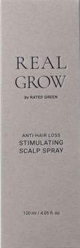 REAL GROW RATED GREEN, beżowy stymulujący spray przeciw wypadaniu włosów, opakowanie 120ml, widok z przodu.