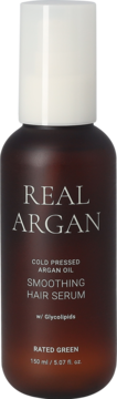 Rated Green REAL ARGAN Smoothing Hair Serum, dark brown bottle with white cap, 150ml, front view.