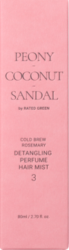 RATED GREEN Detangling Perfume Hair Mist, Peony Coconut Sandal, 80ml, in a pink rectangular box, front view.