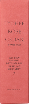 Różowo-koralowe opakowanie mgiełki do włosów Rated Green Lychee Rose Cedar Detangling, widok z przodu.