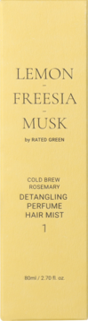 RATED GREEN Lemon Freesia Musk detangling mgiełka do włosów, żółte opakowanie 80ml, widok z przodu.