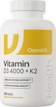 Biała butelka OstroVit Vitamin D3 4000 + K2, 100 tabletek, z żółtą etykietą, widok z przodu.
