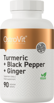 Biała butelka OstroVit Turmeric + Black Pepper + Ginger, 90 tabletek, z wegańskim logo, złoto-czarna etykieta, widok z przodu.