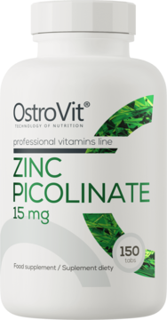 Biała butelka OstroVit Zinc Picolinate 15 mg, 150 tabletek, z zielonymi liśćmi, widok z przodu.