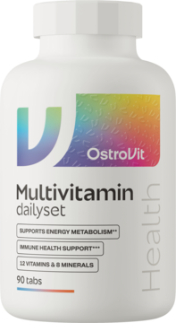 Biała butelka OstroVit Multivitamin dailyset z kolorowym logo "U", widok z przodu. Opis: 12 witamin i 8 minerałów.