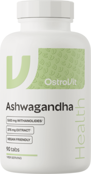 Biała butelka OstroVit Ashwagandha VEGE 90 tabs, z zielonym logo i informacją o witanolidach, widok z przodu.