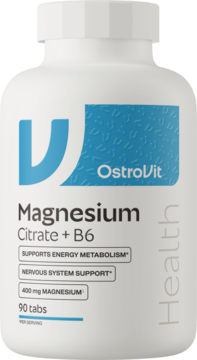 Biała butelka OstroVit Magnesium Citrate + B6, niebieska etykieta, widok z przodu, 90 tabs, 400 mg magnezu.