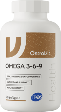Suplement OstroVit Omega 3-6-9 w białej butelce, brązowo-biała etykieta, 90 softgeli, widok z przodu.