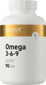 Biała butelka OstroVit Omega 3-6-9 z złotym logo i napisem '90 kapsułek', widok z przodu pod kątem.